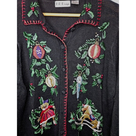 B.P. Design Sweater L Black Embroidered Christmas Holiday Button Up Ramie Cotton - Picture 4 of 10